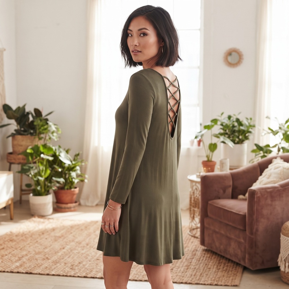 NUON Olive Green Long Sleeve Criss Cross Lace Up Back Mini Dress Size XL
